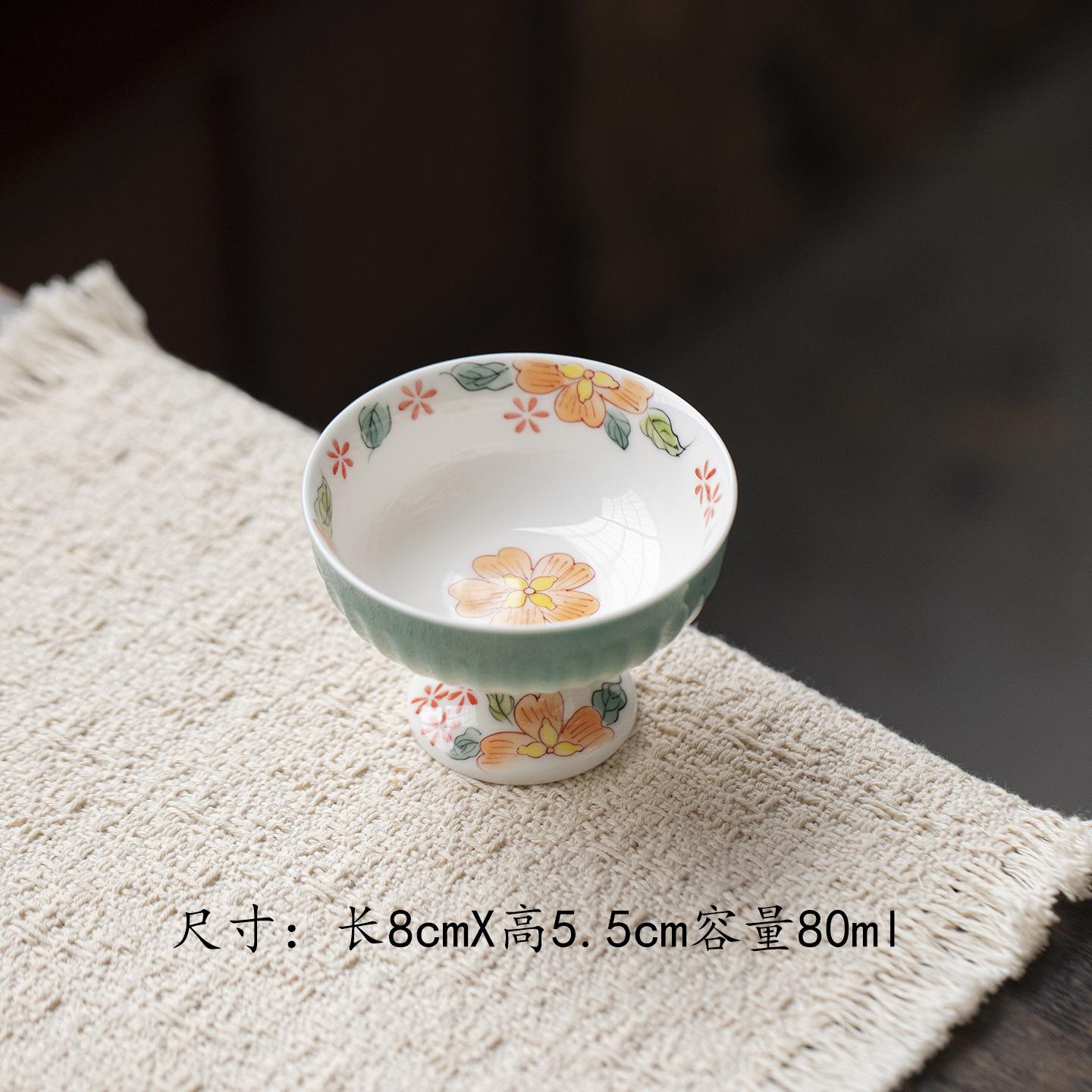 

80ml Hand-painted Flowers High Foot Teacup Creative Tea Bowl Tea Cup Set Tea-tasting Meditation Cup Chazhan Master Cups Tea Set