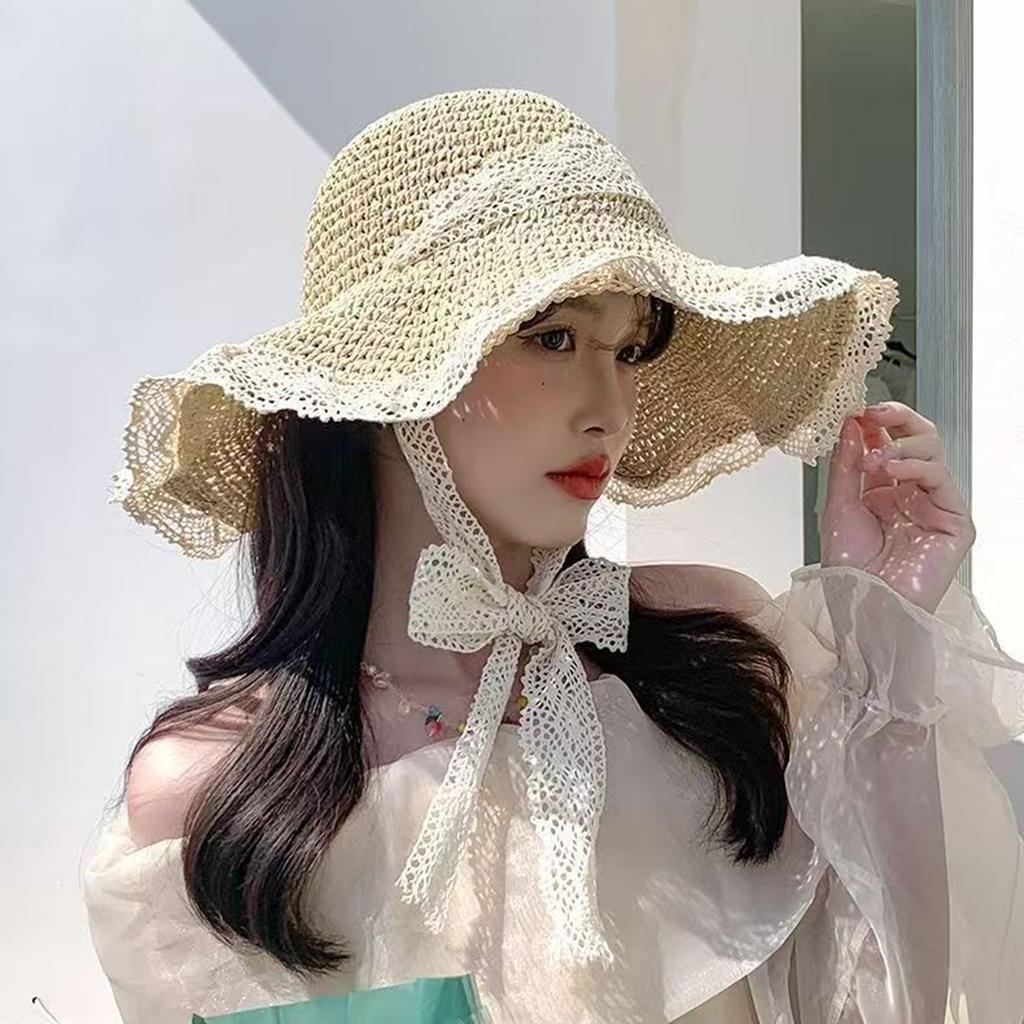 Women Wide Brim Summer Hat Portable Design Elegant Straw Hats Lace Hollow Straw Hat for Travel Holiday Beach Playing