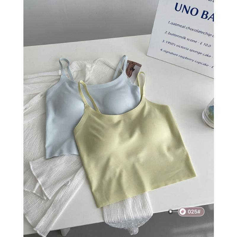 Women Seamless Solid Ice Silk Camisole Built In Bra Inner Wear