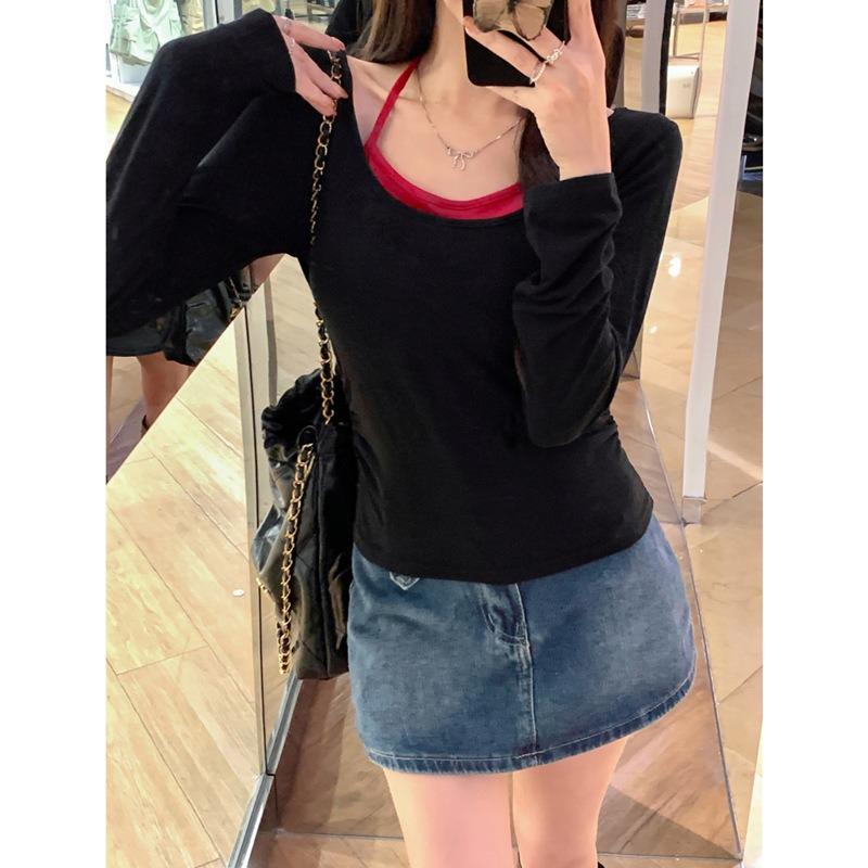 

Настоящая осенне-зимняя немецкая бархатная полированная теплая футболка с длинным рукавом женская облегающая внутренняя можно носить снаружи базовая рубашка фальшивые две части XL чёрный