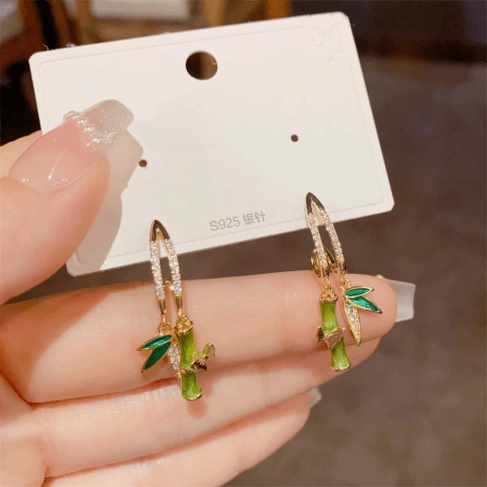 Light Luxury Women Earrings Chinese Stud Earrings Zircon Bamboo Earrings Jewelry Gifts