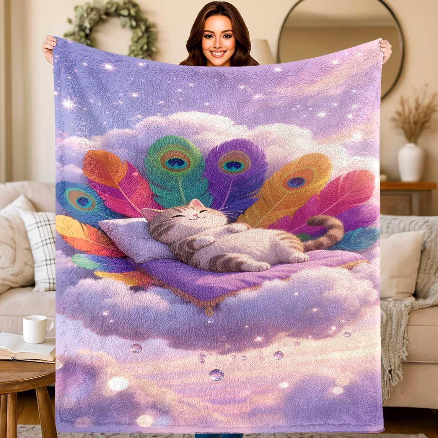 

Cat and peacock feather pattern Flannel printed blanket suitable for all seasons suitable for living room office sofa and travel 75x90cm