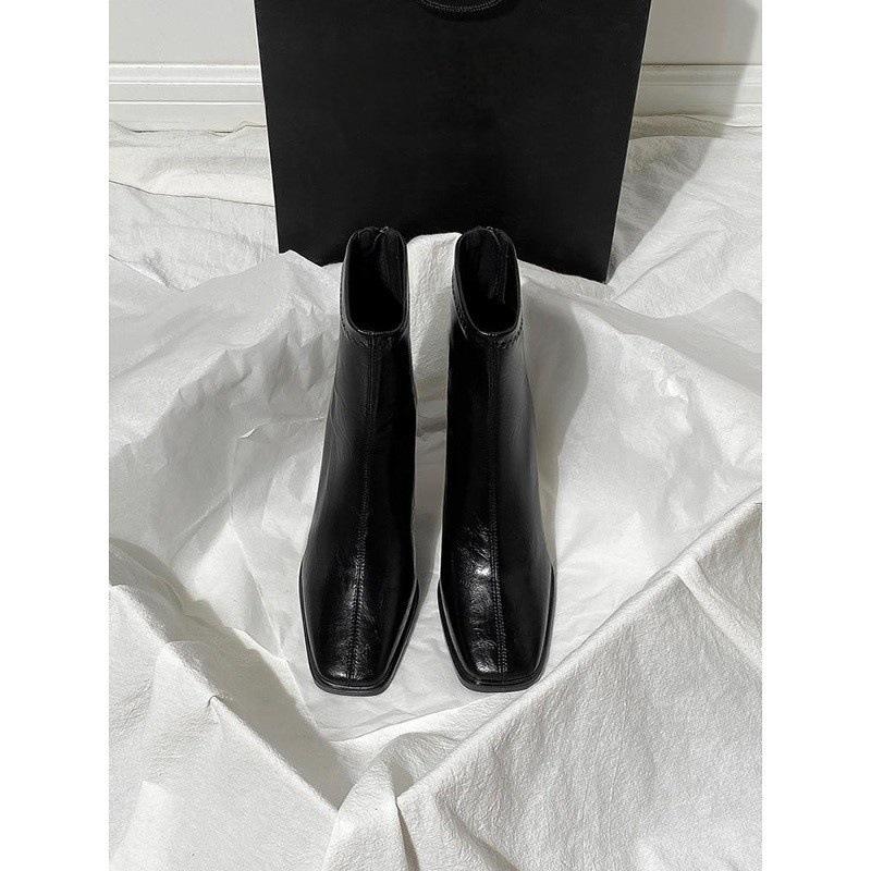 Brown short boots thick heel new versatile French high heel elastic boots velvet rear zipper square head thin boots