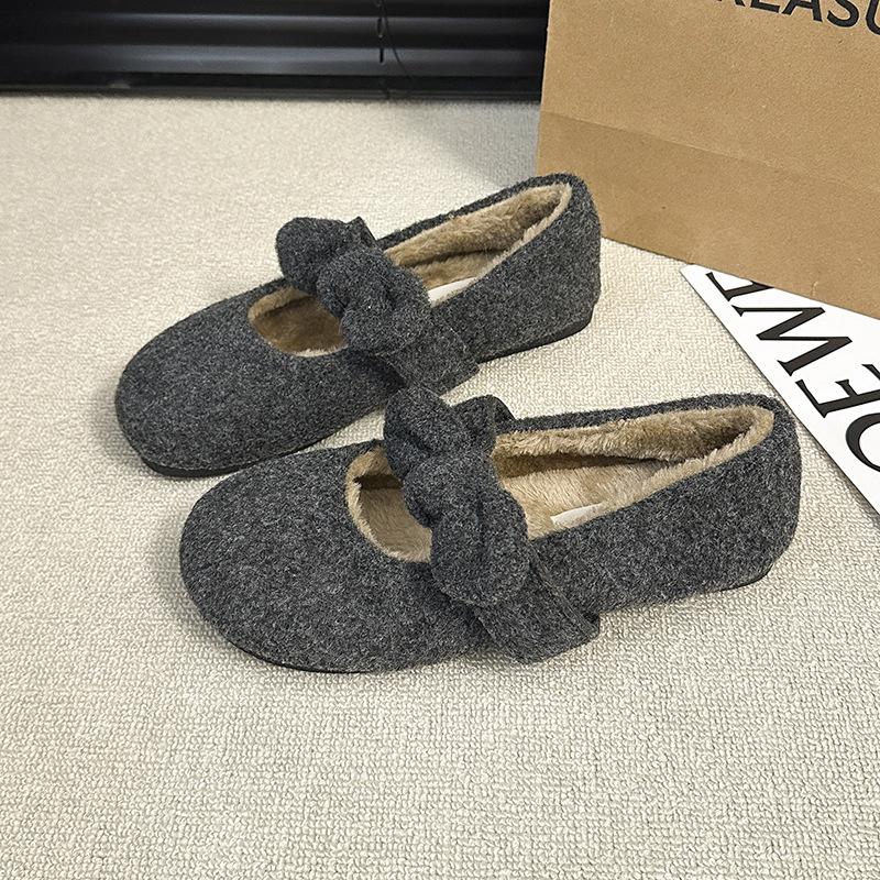 

2025 осень и зима туфли из шерсти с бантом одинарные туфли женская верхняя одежда повседневные туфли из овечьей шерсти и хлопка бархатные хлопковые туфли на низкой подошве 40 темно-серого