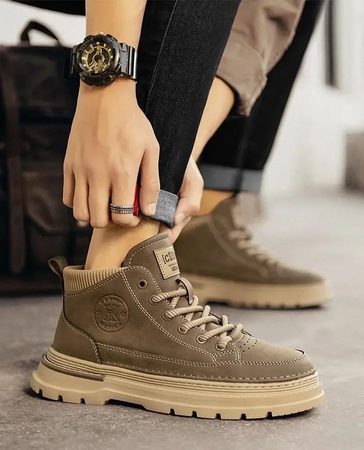 Shoes Men British Retro Mid-top Warm Cotton Shoes Men's Casual Work Shoes Trend Low-top Snow Boots Leather Footwear Sneakers