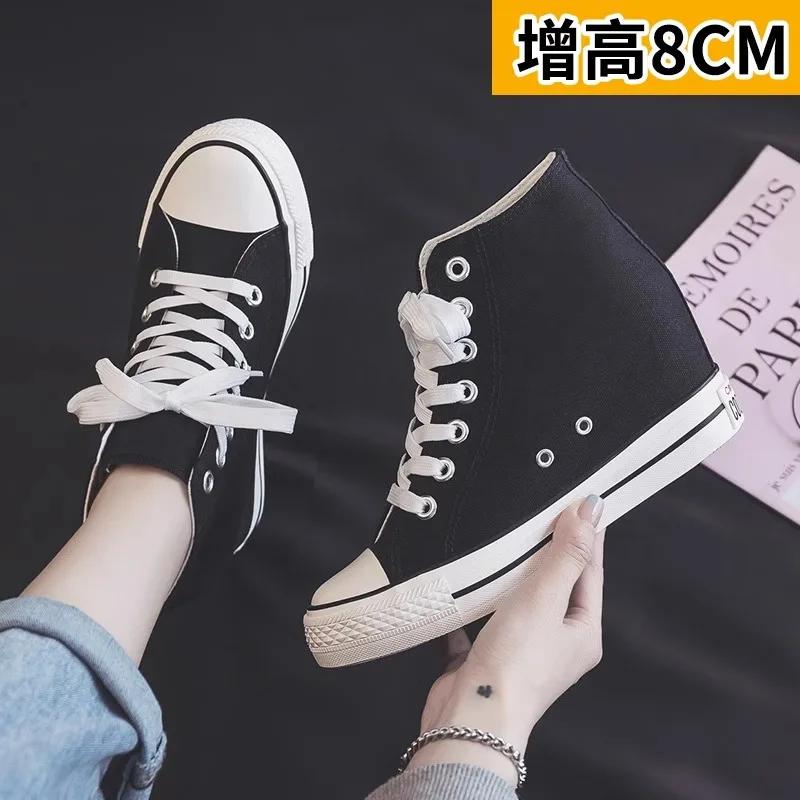 

Новые туфли на каблуках 8 см, повседневные холщовые кроссовки, дизайнерские женские туфли на платформе и танкетке со скрытым каблуком, увеличивающие рост, белые и черные 40