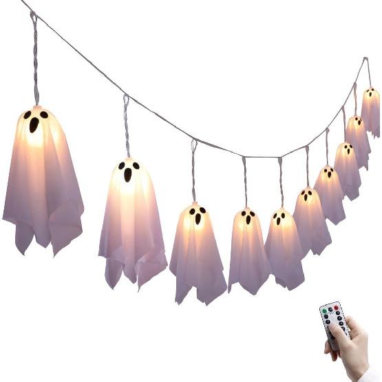 Halloween Ghost Decor - 10 LED Battery Operated Halloween Decorations Lights, 8 Modes Light Up Ghost Garland, LED String Lights Indoor Outdoor for