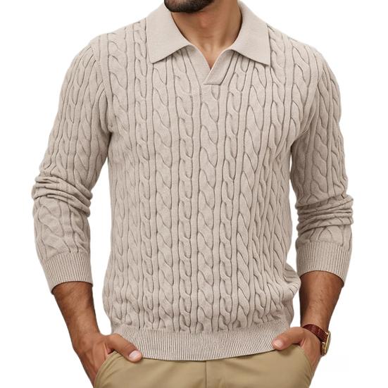 Men Knitted Tops Lapel Long Sleeve Solid Color Sweater Twist Pattern Winter Thick Warm Pullover Tops