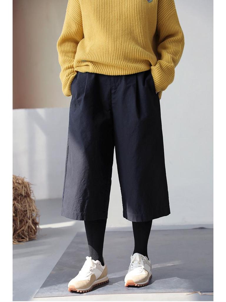 Four Seasons Retro Black Pure Cotton Elastic Waist Loose Casual Canvas Trousers
