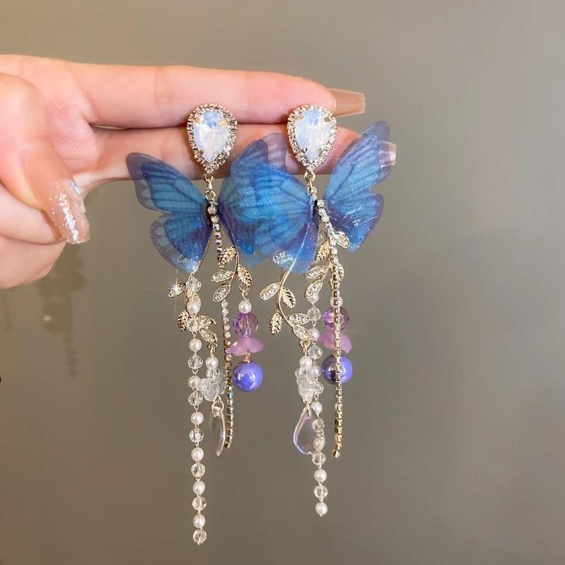 Blue Butterfly Drop Earring For Women Imitation Pearl Crystal Long Tassel Chain Rhinestone Earring Party Wedding Jewelry Gifts