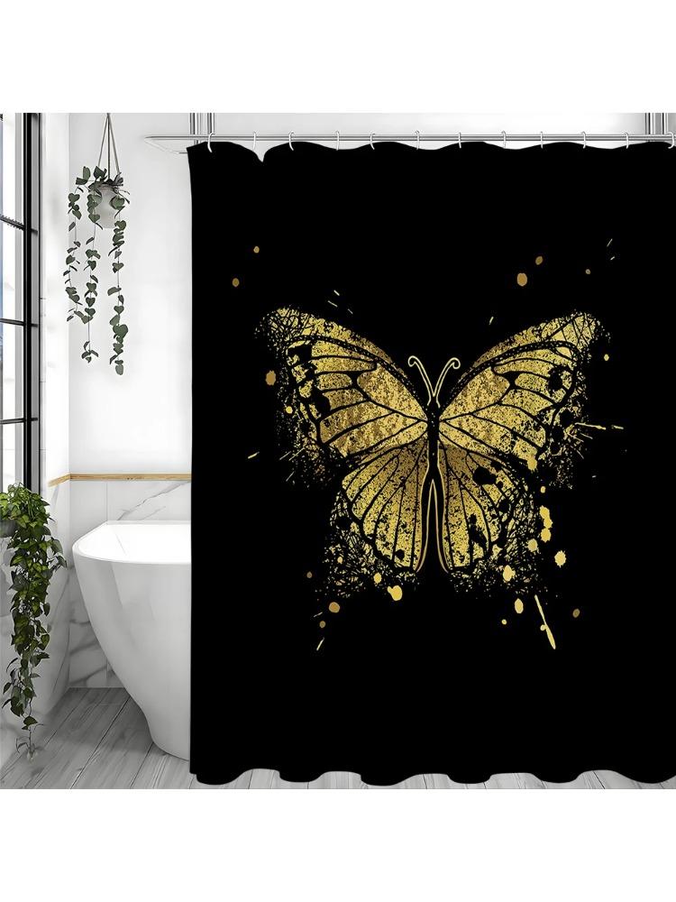 

Golden Creative Butterfly Shower Curtain, Bathroom Decorative Shower Curtain, Waterproof Shower Curtain With Hooks W60H190(CM)-1 Pcs