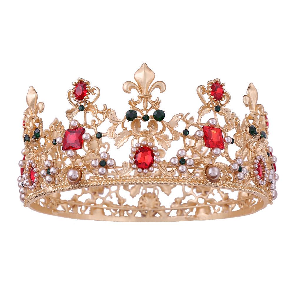 Wedding Retro Round Large Crown Luxurious Baroque Red Bridal Wedding Crown Earrings Set
