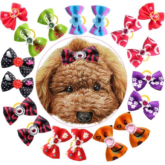YOY 50 Pcs Adorable Grosgrain Ribbon Pet Dog Hair Bows with Elastic Rubber Bands - Doggy Kitty Topknot Grooming Accessories Set for Long Hair Puppy