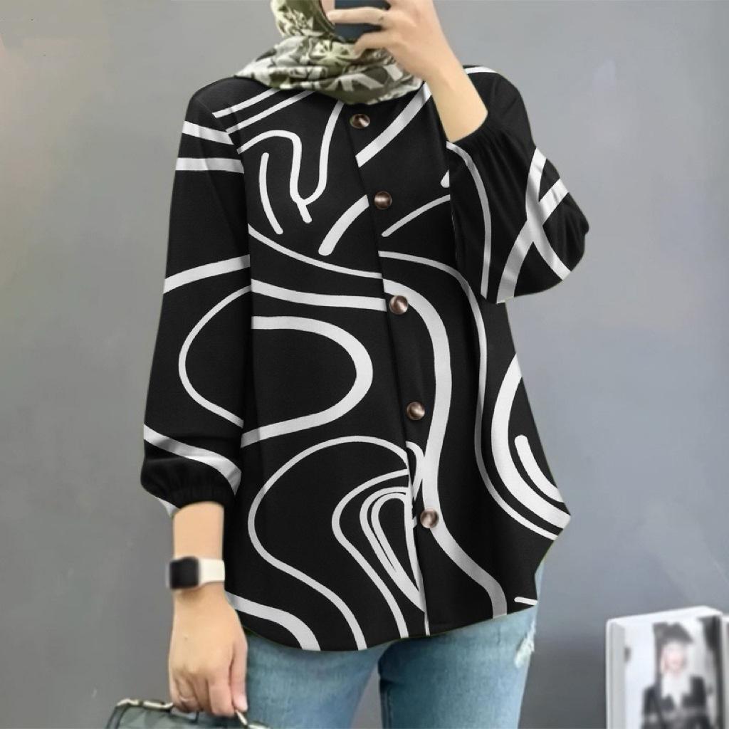 Nová dámská muslimská košile s květinovým potiskem a nafouknutými rukávy