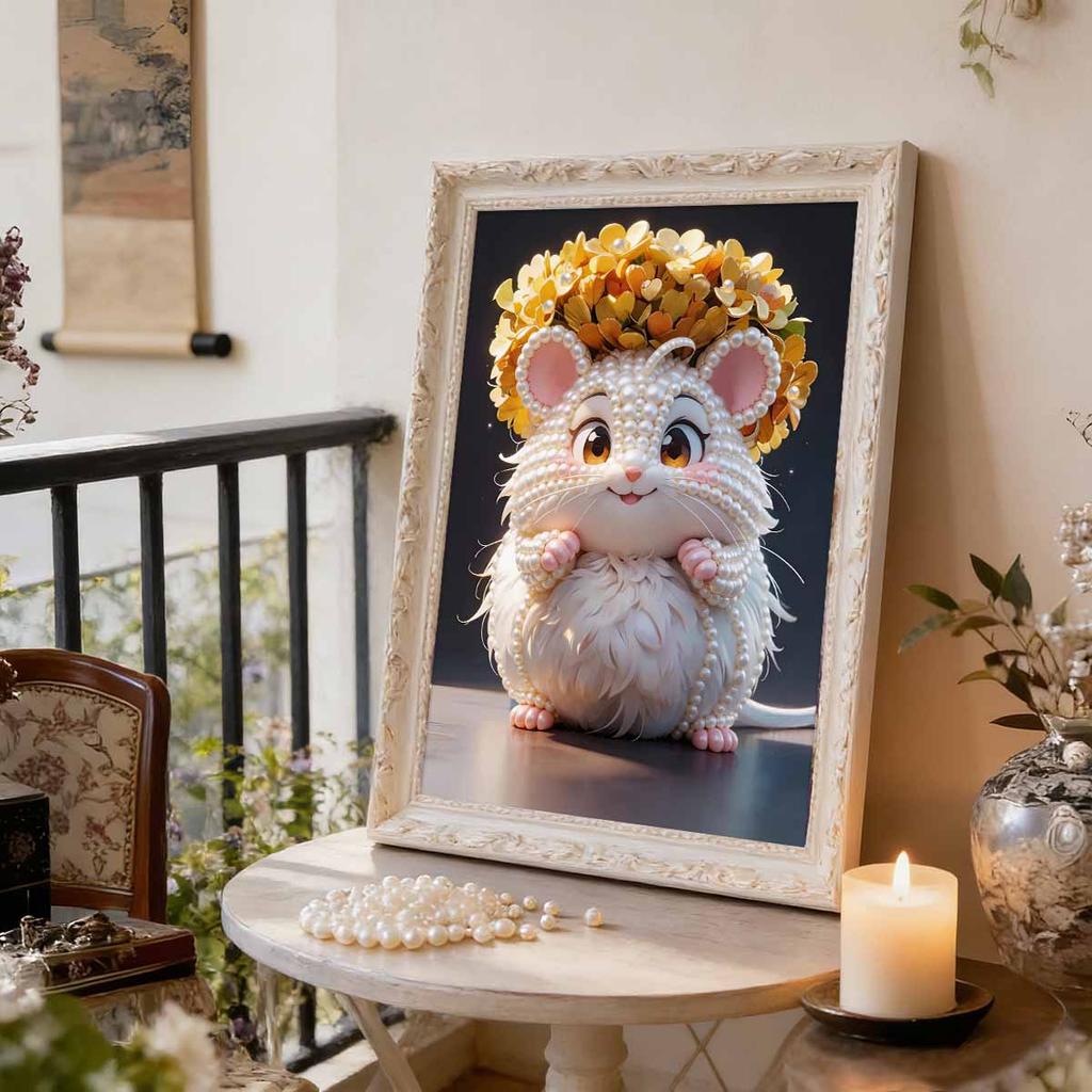 5D DIY Frameless Pearl Painting Hamster and Flowers Pattern Painting Kit Suitable for Home Living Room Bedroom and Other Wall Decoration Art Paintings