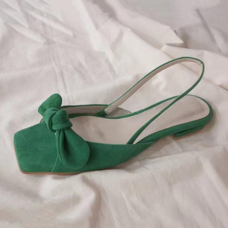French velvet green square head with open-toed sandals women's summer bow flat low-heeled cool slippers