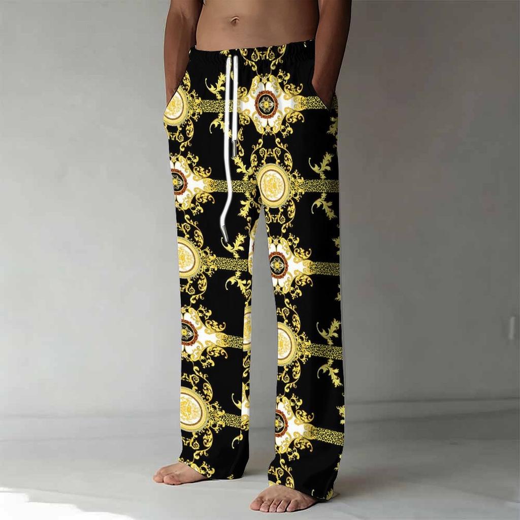 Men Orange Green Red African Kente Geometric Print Drawstring Straight Trousers With Side Pockets Ethnic Bottoms