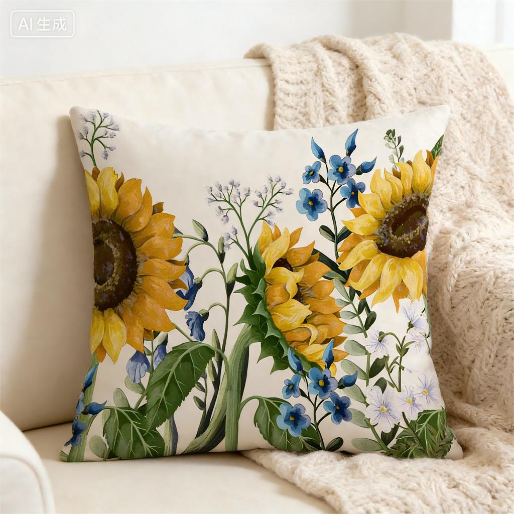 Watercolor Sunflower Pillow Cover Yellow Floral Wildflower Print Cushion Case For Sofa Bed Couch Rustic Farmhouse Home Decor