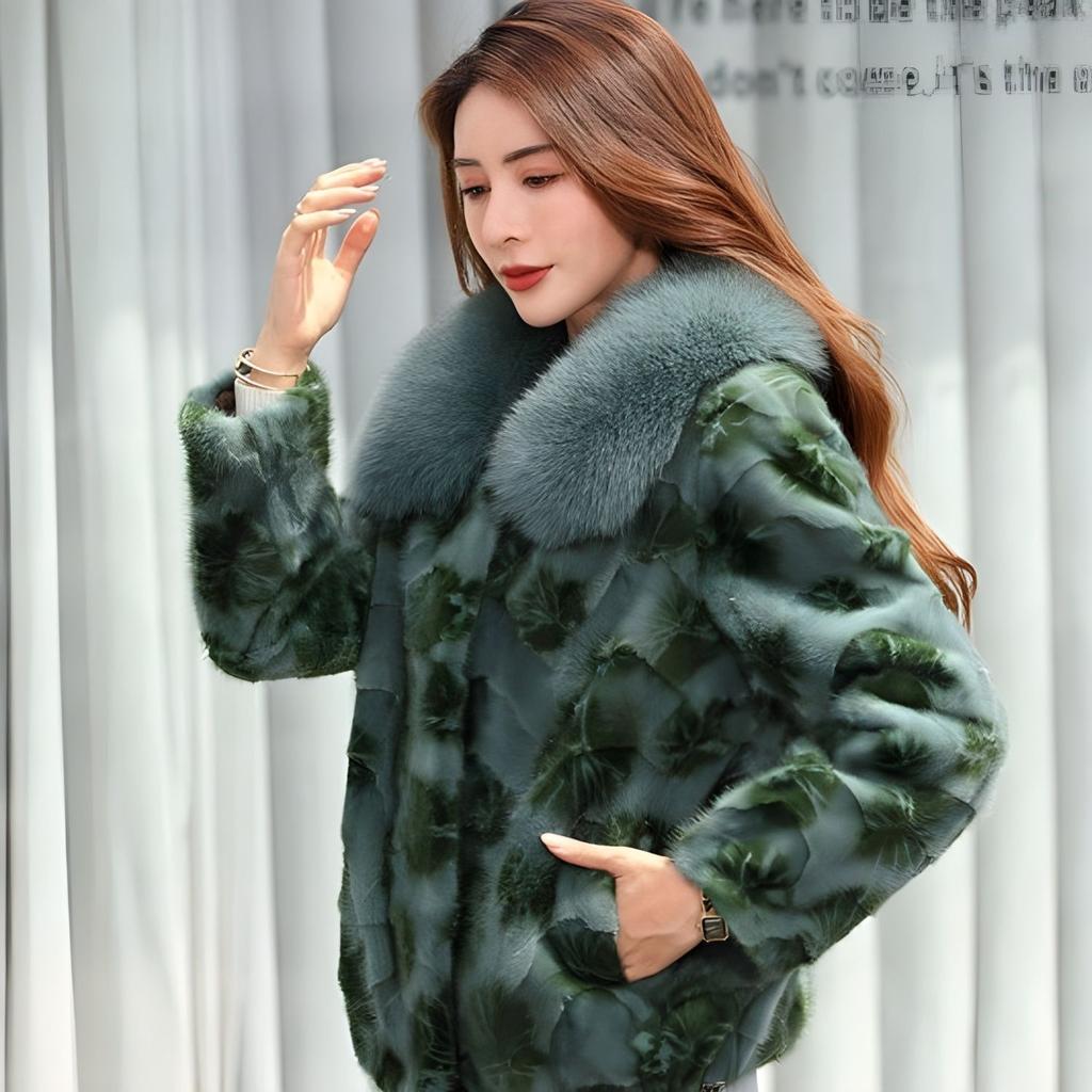 New 100% Mink Fur Coat for Women Short Style Fox Fur Collar Large Size Fur Coat for Women Send Mom and Wife Gift