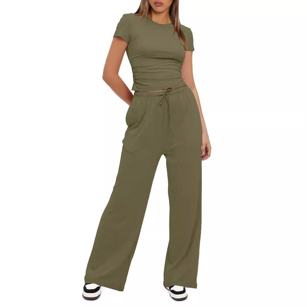 Women's 2-Piece Casual Set: Ruffle Sleeve Top & High Waist Wide Leg Pants Sportswear
