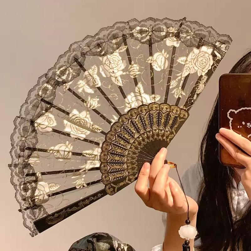 BEPAN Chinese-style black lace folding small fan, summer ancient-style dance horse face skirt folding fan