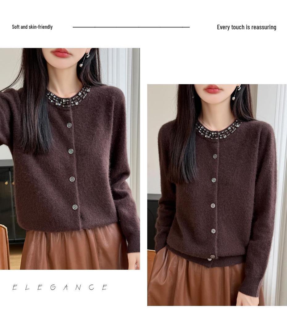 2026 Autumn/Winter Women's Pure Wool Round Neck Rhinestone Knit Cardigan Sweater