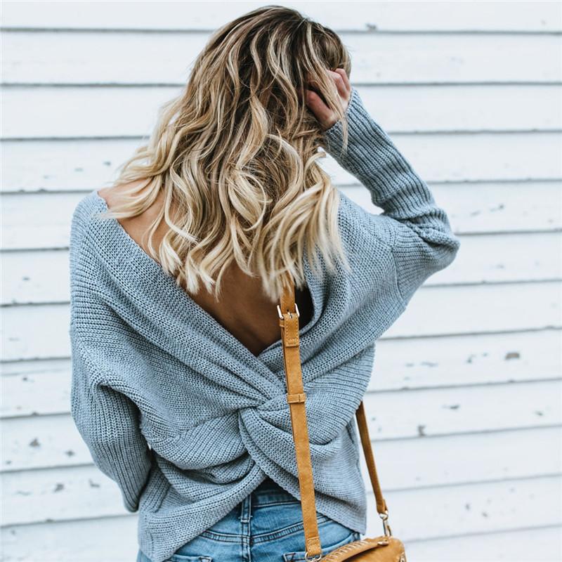 Casual Solid Knit Sweater Ladies V Neck Crew Neck Warm Daily Long Sleeve Blouse
