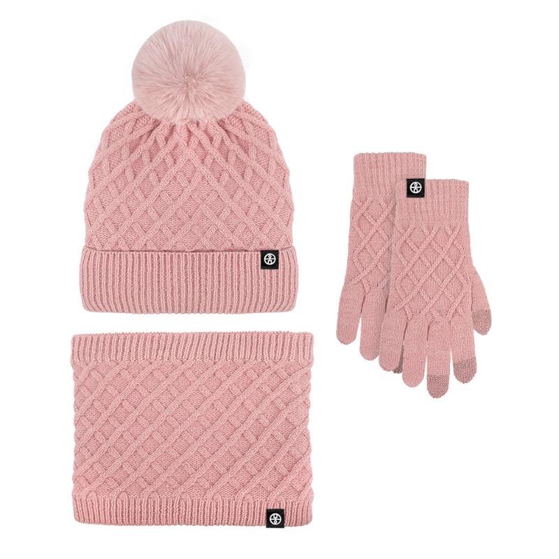 Winter warm hat, scarf, gloves three-piece set, plush outdoor hairball knitted hat, cold-proof scarf three-piece set