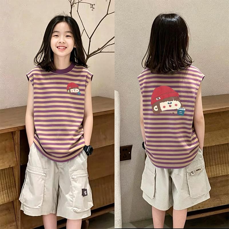 Girls' Korean Style Striped Sleeveless Tank Top - Trendy Summer Wear for Ages 6-12