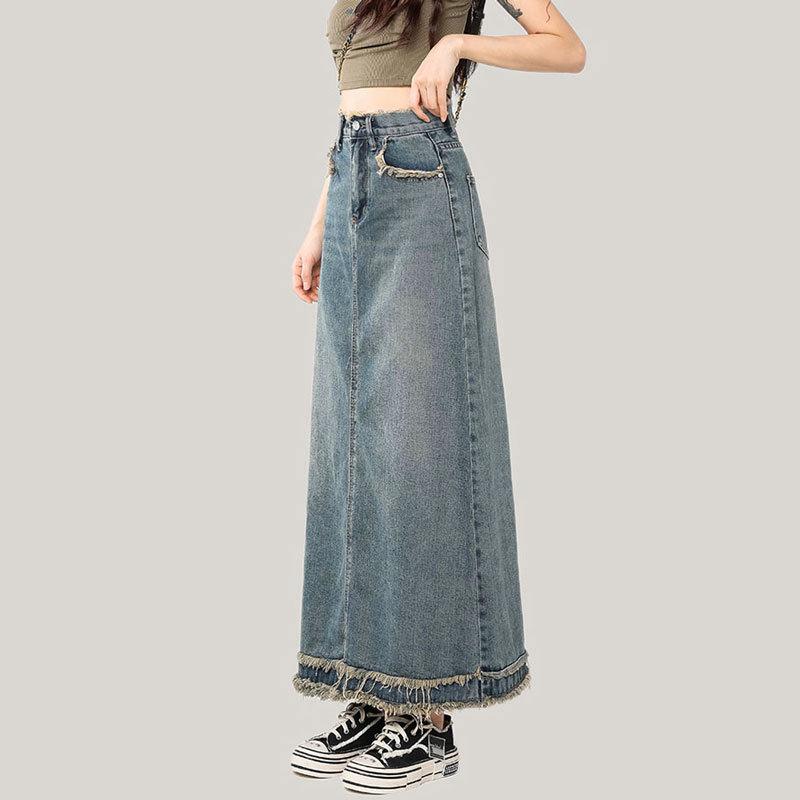 Elegante Klassische Frau Raw Edge Weibliche Sommer Retro A-linie Paket Hüfte Abdeckung Fleisch Mittellangen Dünnen Vielseitig Bequemen Mode Denim Bustier Rock