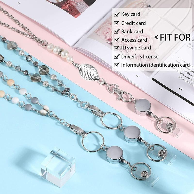 Women Retractable Badge Reel Lanyard with ID Card Holder Necklace Name Badge Holder Lanyard Stainless Steel Beaded Chain