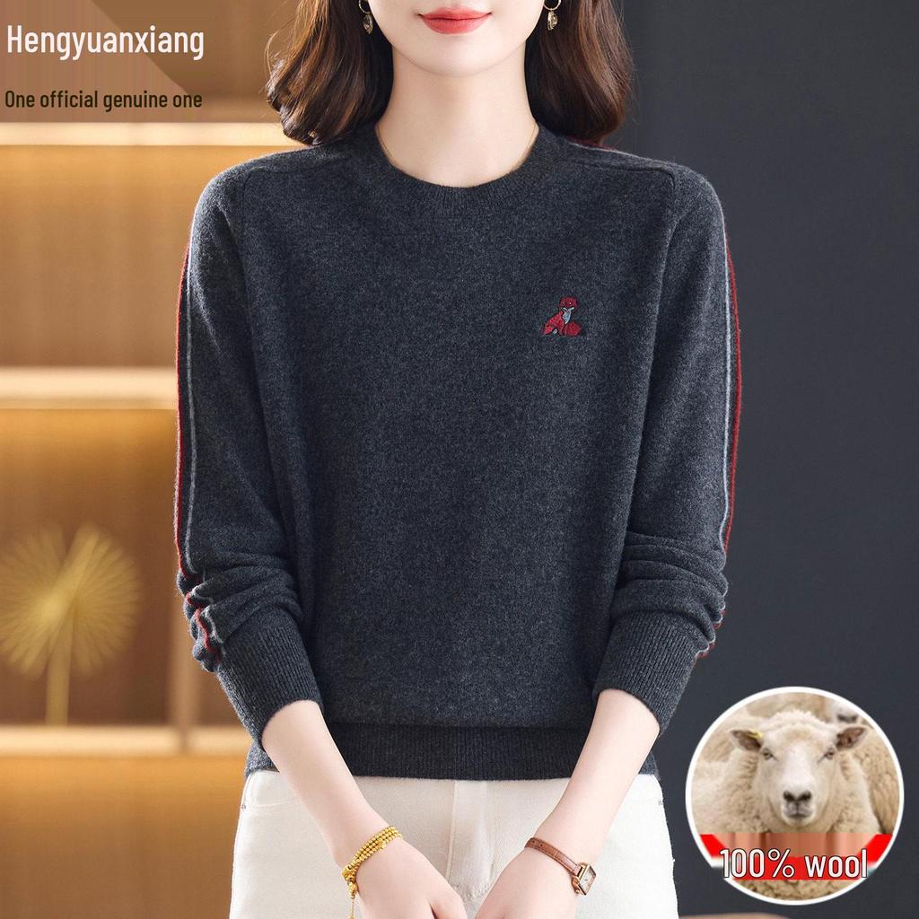 Hengyuanxiang 2025 Women's 100% Pure Wool Round Neck Sweater - Versatile Knit Top for Outerwear or Innerwear