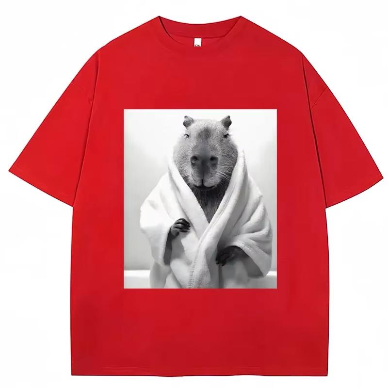 Funny Capybara in Bathrobe Print T Shirts Creativity Popular Summer Short Sleeve Cotton  Casual Tees Unisex Streetwear