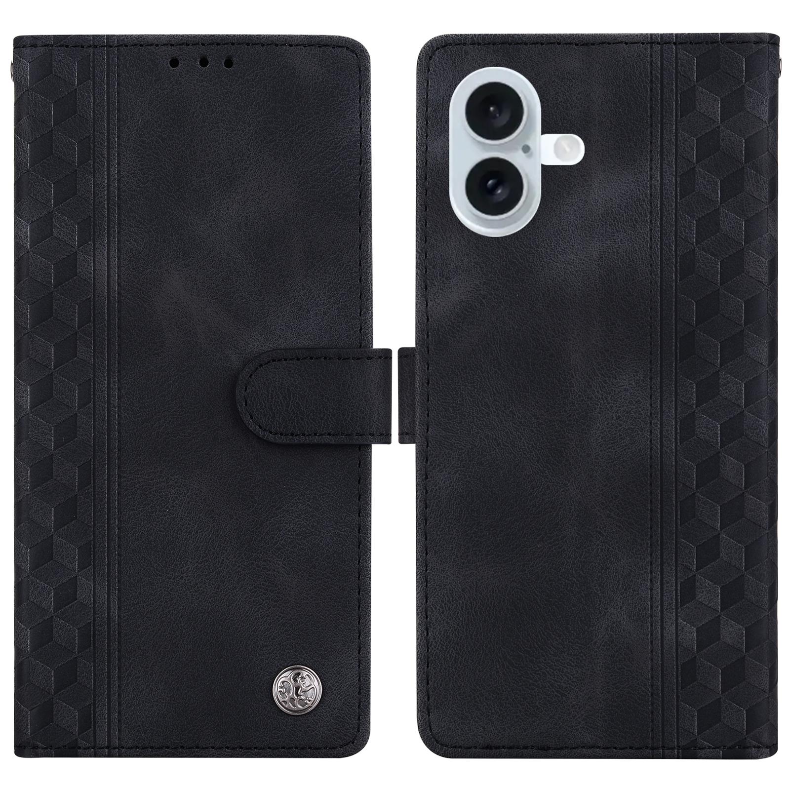 

Кожаный чехол для iPhone 16 Plus с тисненым клетчатым узором, кошелек-подставка, откидная крышка для телефона Black