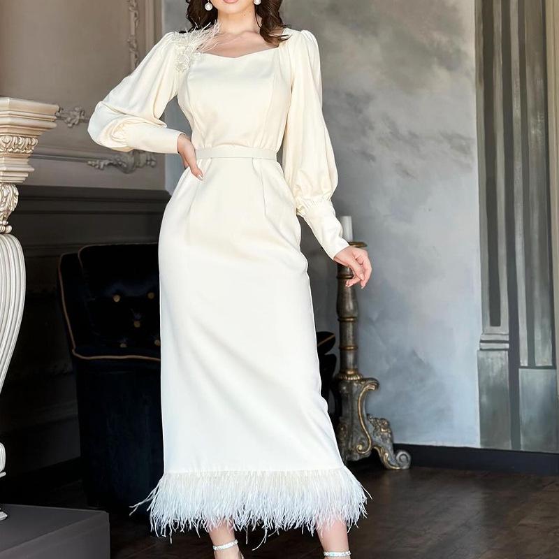 2023 Autumn High-End Tassel Hem Dress - Solid Color, European & American Style