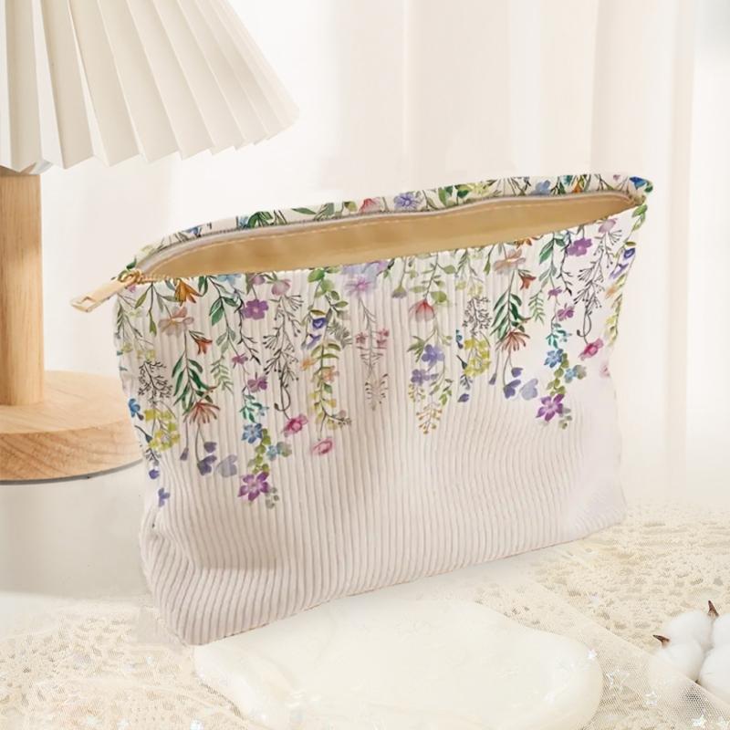 Sweet Floral Printed Corduroy Makeup Bag Lightweight Zipper Makeup Storage Bag Multifunctional Bag Large Capacity Makeup Bag
