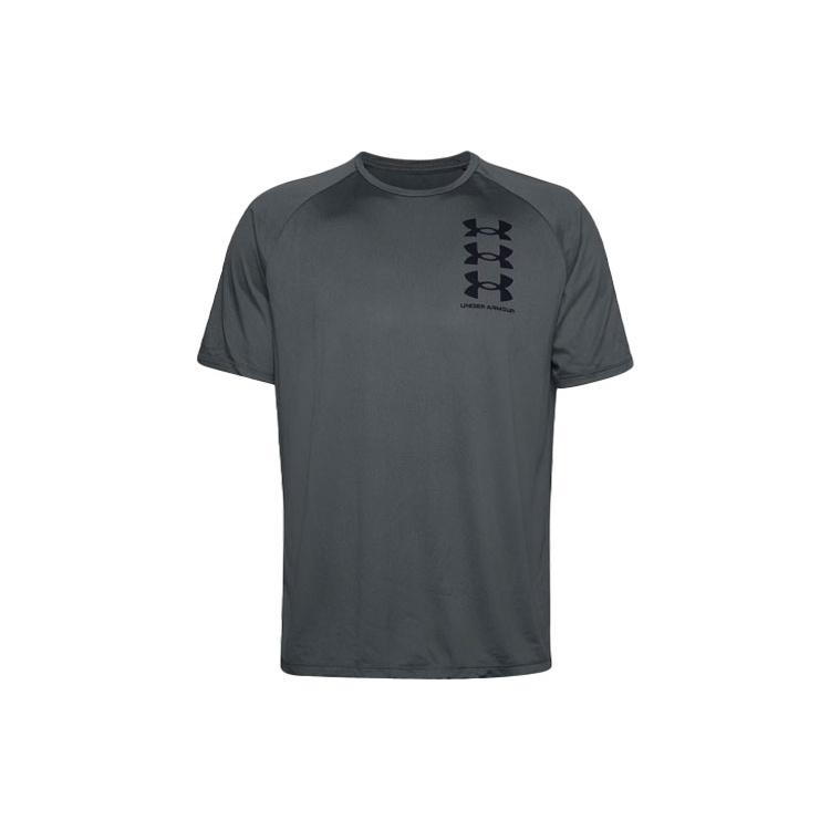 Men s Under Armour Tech Triple Logo Printing Sports Round Neck Short Sleeve Gray 1361504-012 L