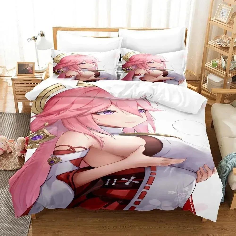 Comforter Anime Genshin Impact Yae Miko Game Bedding Set Bedroom Soft Modern S Comefortable