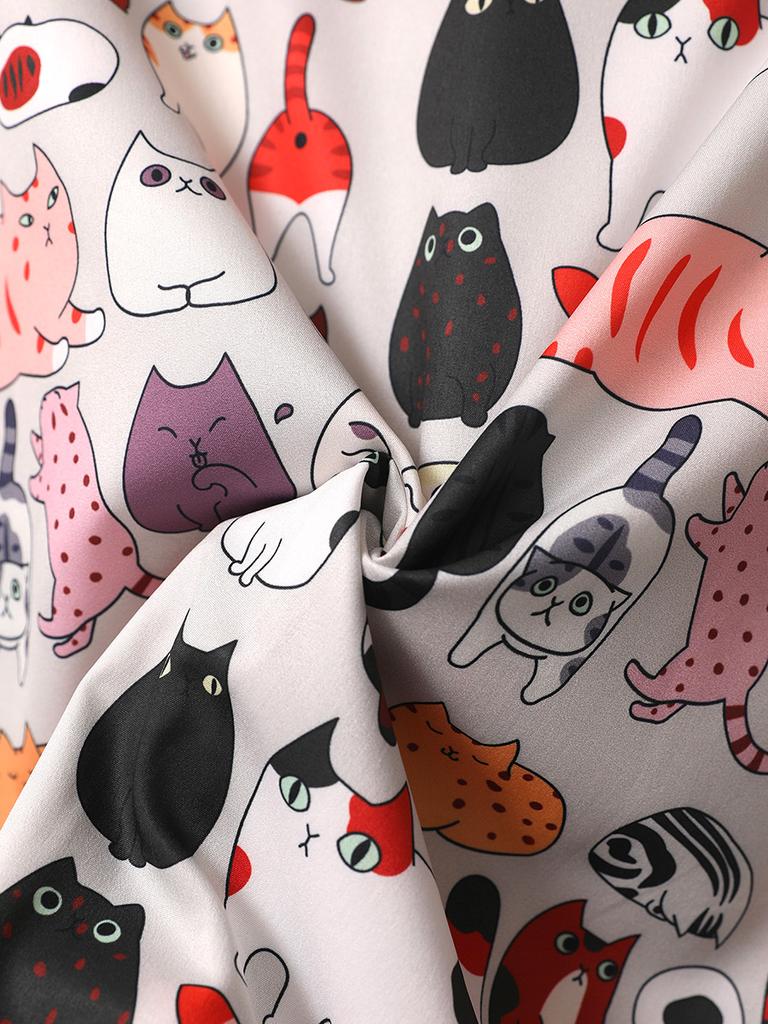 Oversized Loose Short Sleeve Cartoon Cat Print Hawaii Beach Summer Men Shirt Student Couples Fashion Casual Mens Clothing Trends