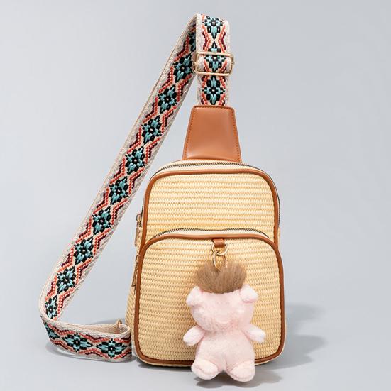 Women Crossbody Pack Straw Woven Chest Bag with Ethnic Strap Boho Shoulder Bag Crossbody Purse for Travel Vacation Street