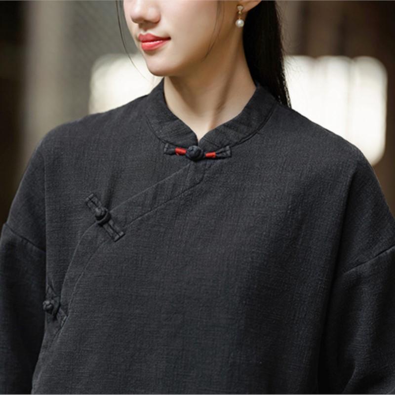 Johnature Women Chinese Style Stand Long Sleeve Plush Warm Winter Solid Color Button Tops