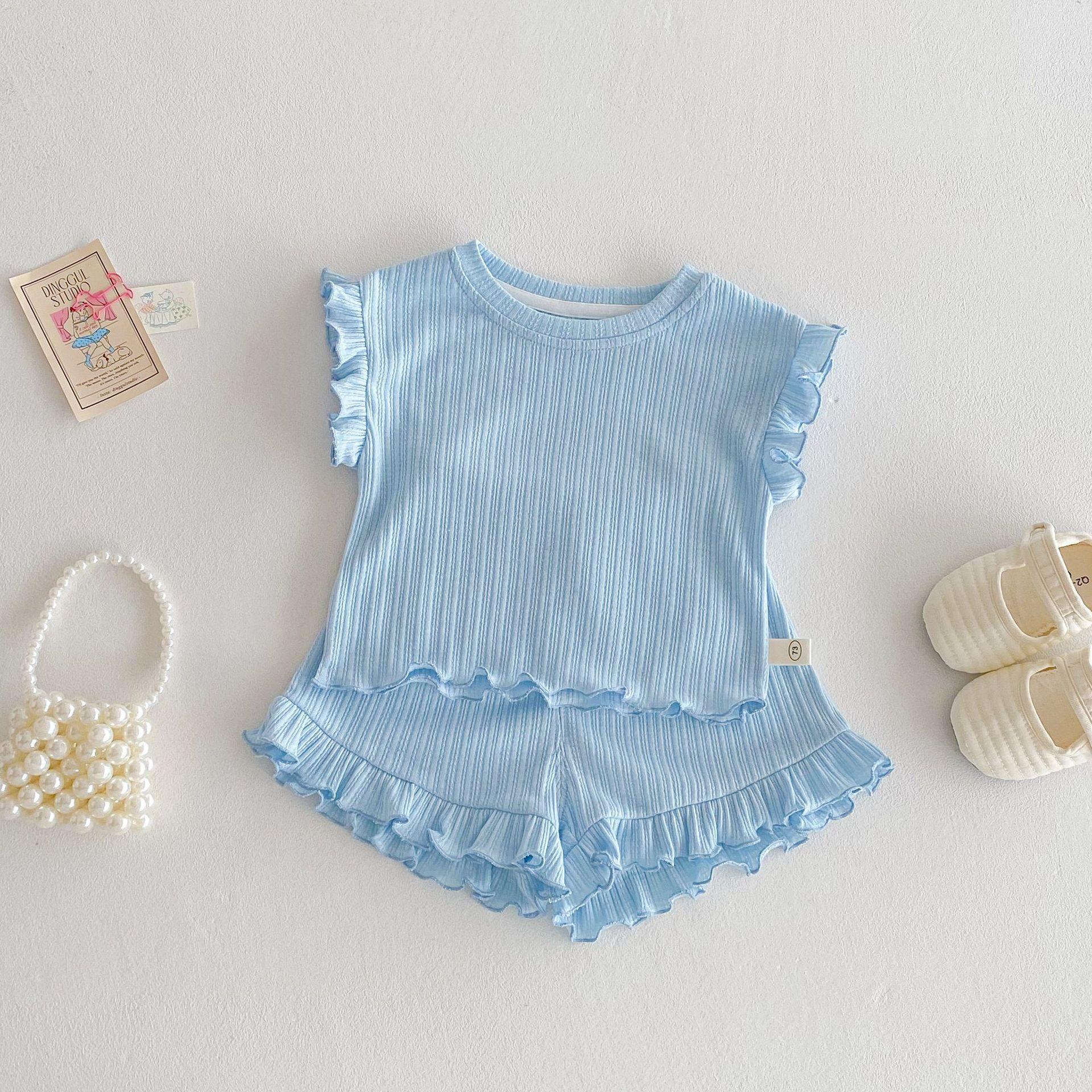 Girls Ruffle Trim Ribbed Tank Top And Shorts Set Solid Two Piece Outfit For Toddler Kids Casual Home Wear 80cm небесно-голубой