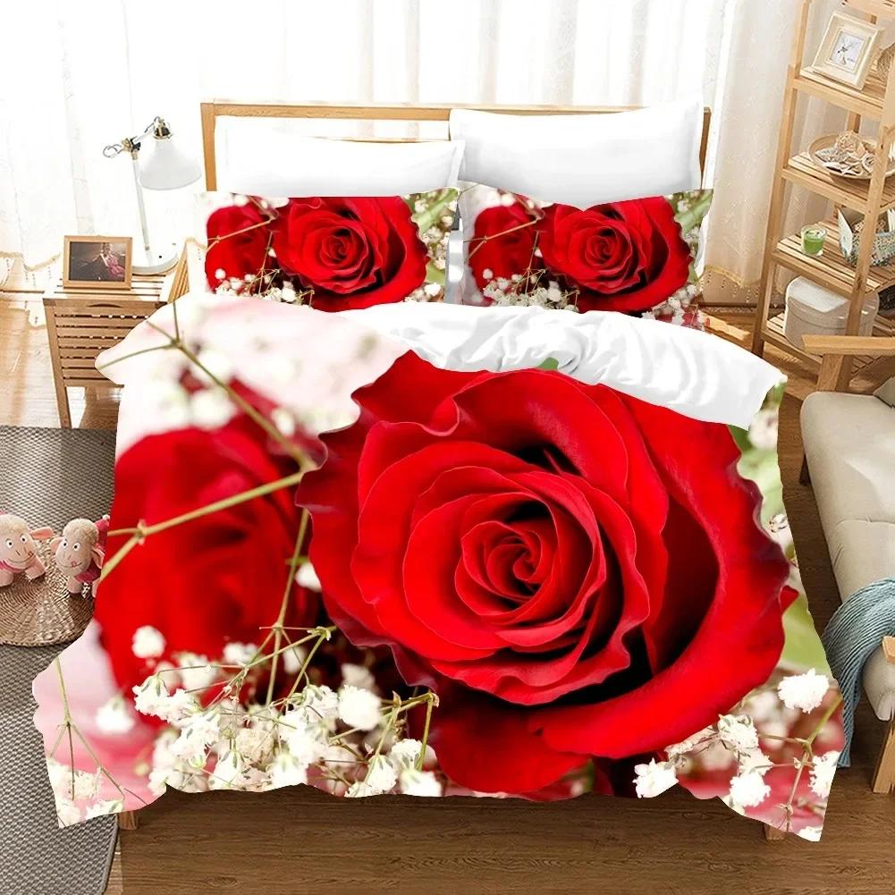 Red Rose Bedding Set Flowers Comfortable Duvet Quilt Cover Pillowcase Bedding Set Children Bedroom Decoration Home Textile