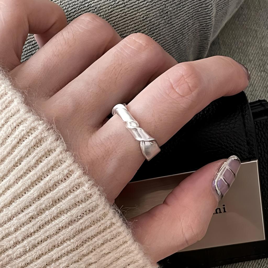 PANJBJ 925 Silver Frosting Geometry Ring for Women Wide Texture Versatile Handmade Ins Jewelry Gift