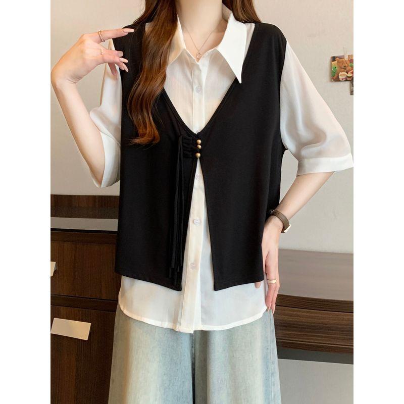 Plus size women clothing Belly Covering Fake Two Pieces Graceful Vest Shirts Female Summer Chubby Girl Slimming Shoulder Short sleeve Top