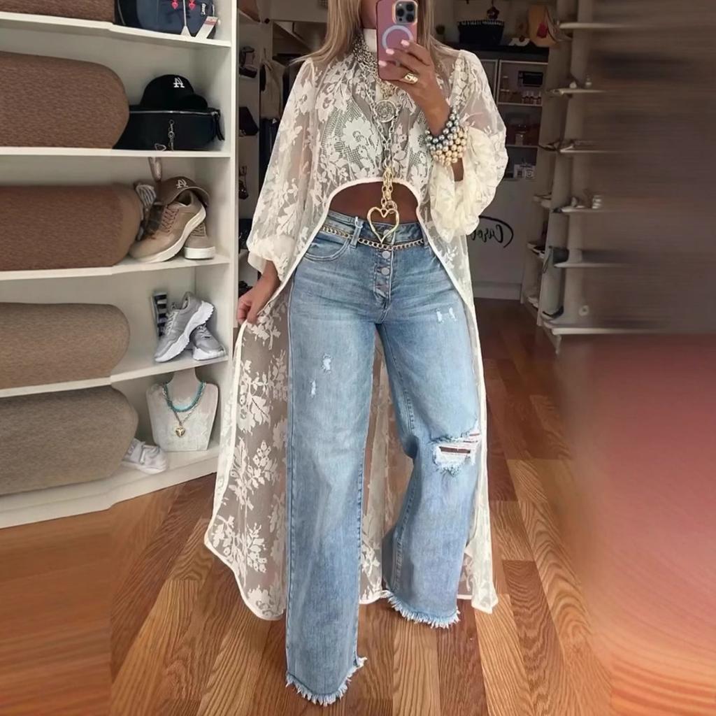 Women's Mock Neck Long Flare Sleeve Lace Kimono Irregular Long Cover Up Top
