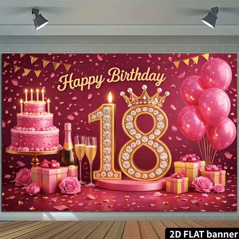 2D 18th Birthday Party Decoration Backdrop, Pink Gold Cake & Crown Photo Background Banner