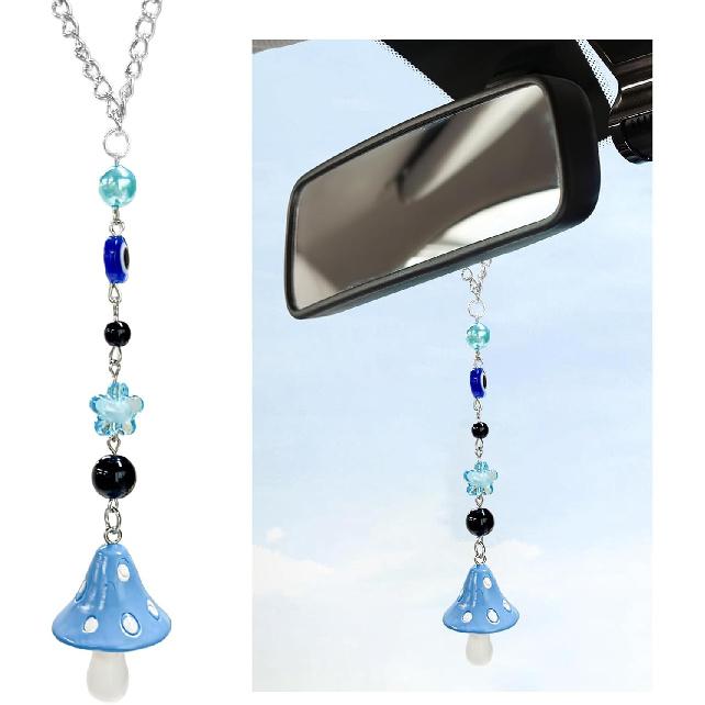 Car Rearview Mirror Mushroom Charm, Car Hanging Ornament Resin Mushroom Pendant for Women Girls, Lucky Mushroom Beaded Decor Universal Rear View