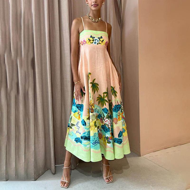 Elegant Sexy Women's High Waist Halter Strappy Dress Casual Fashion Sleeveless Sling Dress with Positioning Print New