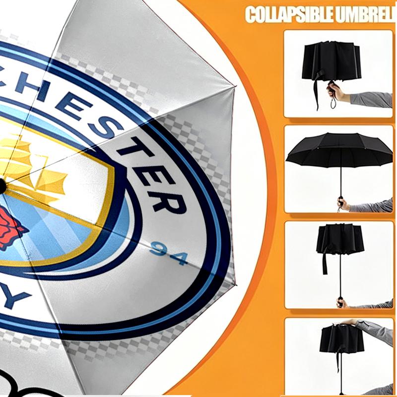 Custom Name Personalized Manchester City FC Print Umbrella, Auto Open Close, 8‑Rib Sturdy Frame, Commute Camping Hiking Use, Birthday Gift
